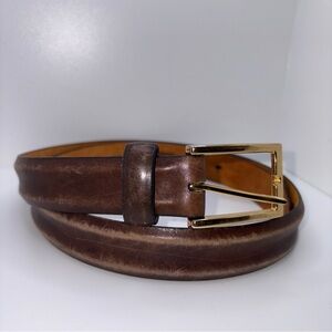 TULLIANI Belt Italian Calfskin Brown Gold Buckle 7702 Sz 36 Men Classic Luxury